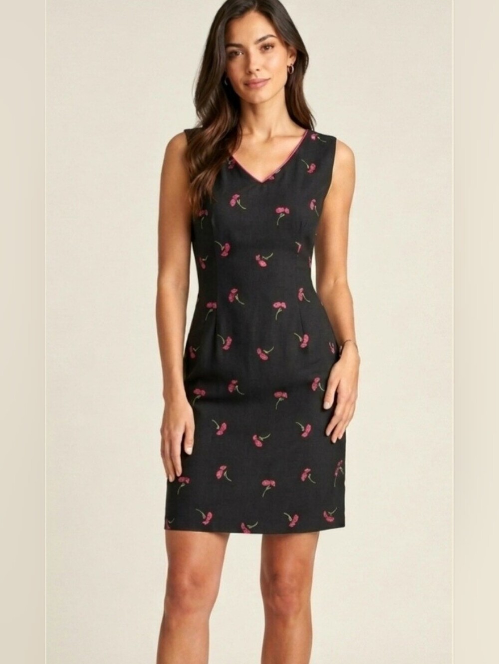 Amanda Smith Sleeveless Black V-Neck Sheath Pin Up Dress Pink Floral Embroidery